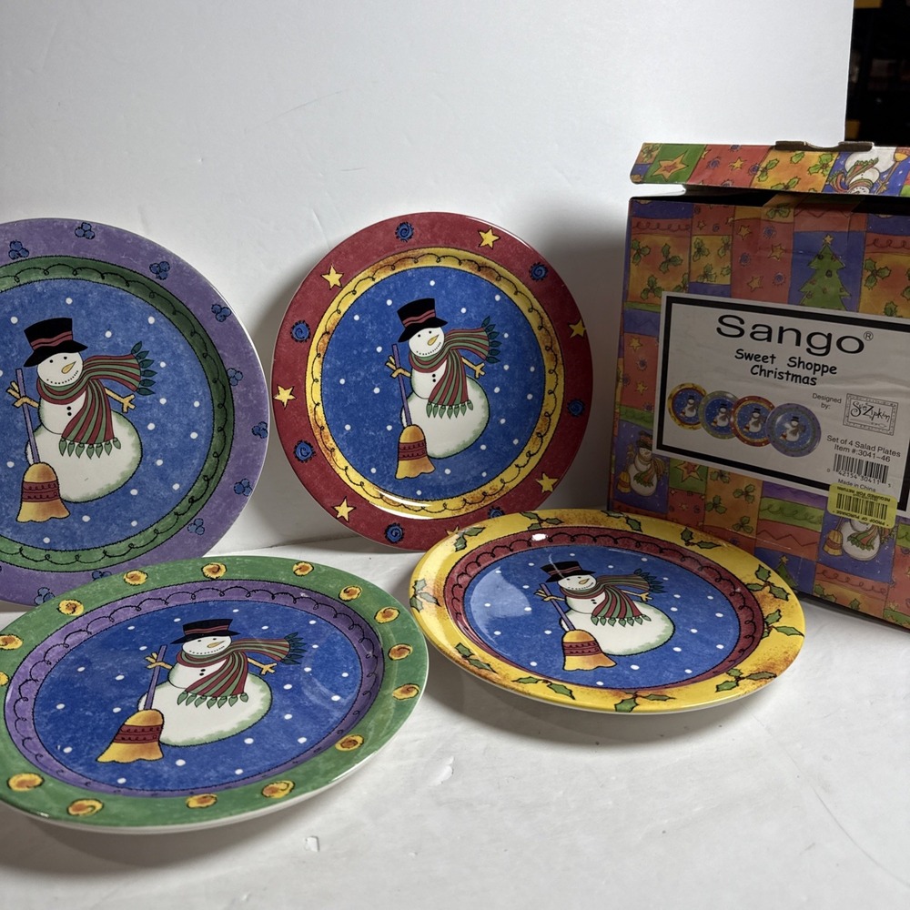 Sango The Sweet‎ Shoppe Christmas 8 In Salad Plates Sue Zipkin Snowman Set of 4
